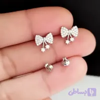 گوشواره نقره زنانه میخی طرح پاپیون عیار 925 با روکش طلا سفید