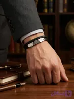 دستبند مردانه چرمی دو ردیفه مدل رولکس (Rolex) با پلاک استیل طرح تاج