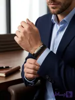 دستبند مردانه چرمی چندردیفه مدل مون بلان (Montblanc) با پلاک استیل نقره‌ای