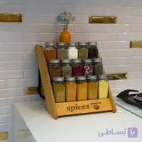 جای ادویه داخل دو حالته کشویی و روکابینتی همراه با استند چوبی ۱۵ عدد بانکه شیشه ای مک کارتی Bi