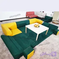 مبل کرسی 8 نفره سبز زمردی و خردلی همراه میز