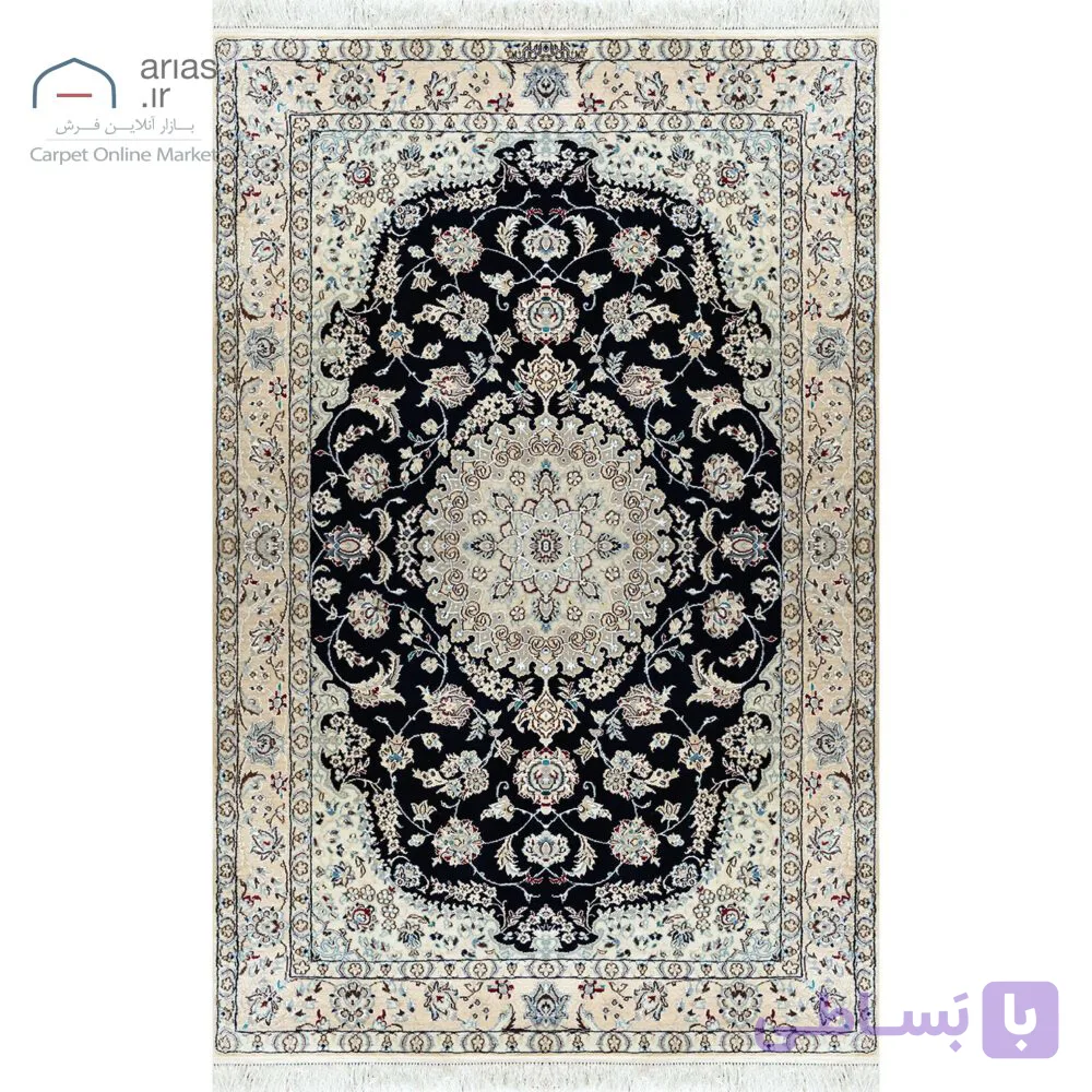 فرش دستباف نایین سرمهای ۶ لا گل ابریشم – قالیچه (۱۳۰ × ۲۰۰ سانتیمتر) کد D28163