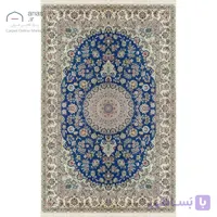 فرش دستباف نایین آبی نقشه لچک و ترنج ۹ لا گل ابریشم – ۶ متری کد D28195