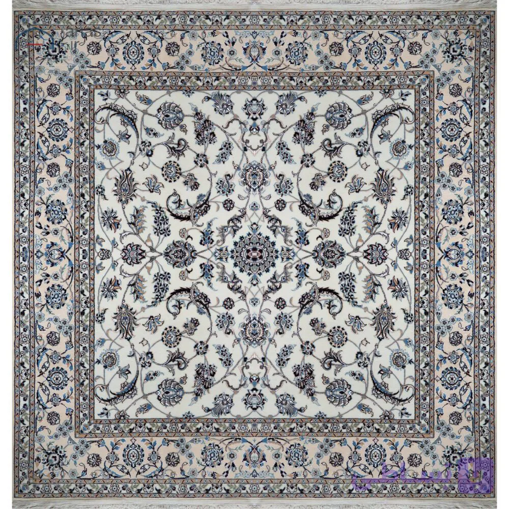 فرش دستباف نایین مربع ۲×۲ متر افشان کرم ۶ لا گل ابریشم کد D28175