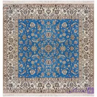 فرش مربع آبی افشان دستباف نایین ۲×۲ متر ۶ لا گل ابریشم کد D28192