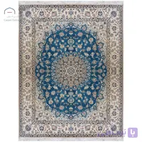 فرش دستباف نایین سبزآبی نقشه لچک و ترنج ۶ لا گل ابریشم – سایز پرده‌ای (۱۷۵ × ۲۲۵ سانتی‌متر) کد D28182