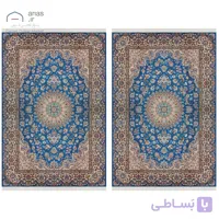 جفت فرش دستباف نایین ۶ متری آبی نقشه لچک و ترنج ۹ لا گل ابریشم کد D28199