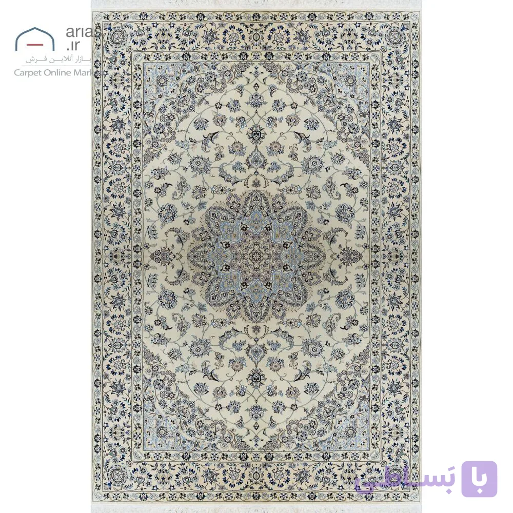 فرش دستباف نایین کرم نقشه لچک و ترنج ۹ لا گل ابریشم – ۶ متری کد D28158