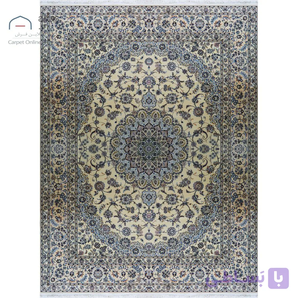 فرش نایین ۶لا اخوان لچک و ترنج دستباف کرم گل ابریشم – ۹ متری کد D28177