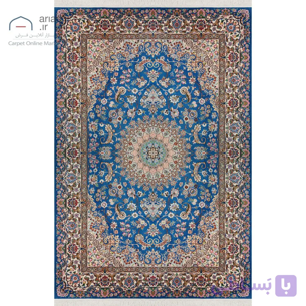 فرش دستباف نایین آبی نقشه لچک و ترنج ۹ لا گل ابریشم – ۶ متری کد D28170