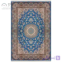 فرش دستباف نایین آبی نقشه لچک و ترنج ۹ لا گل ابریشم – ۶ متری کد D28170