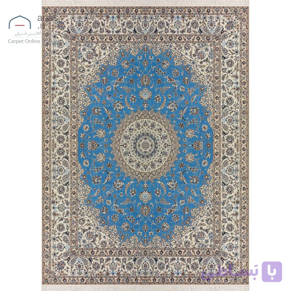 فرش نایین آبی ۶لا دستباف نقشه لچک و ترنج گل ابریشم – ۹ متری کد D28178