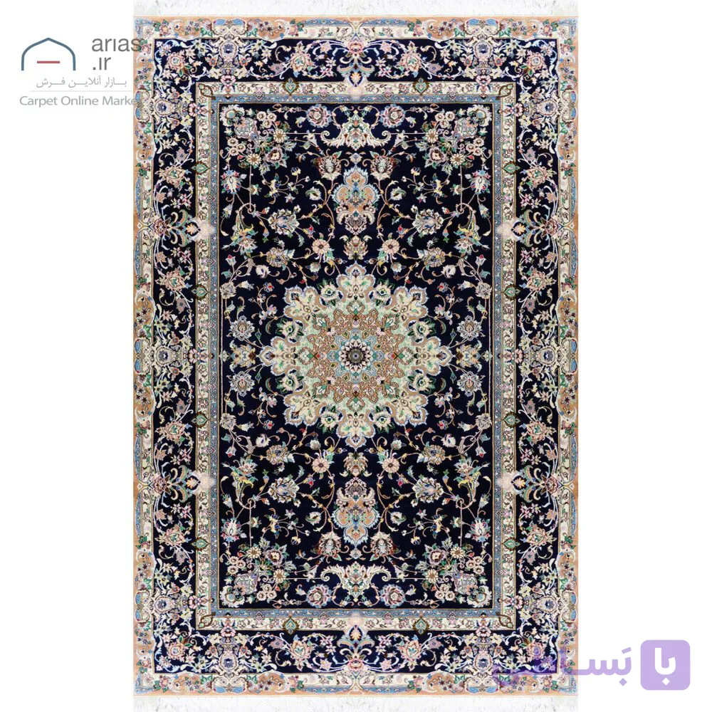 فرش دستباف نایین سرمهای نقشه شاهمیرزایی ۹ لا گل ابریشم – ۶ متری کد D28167