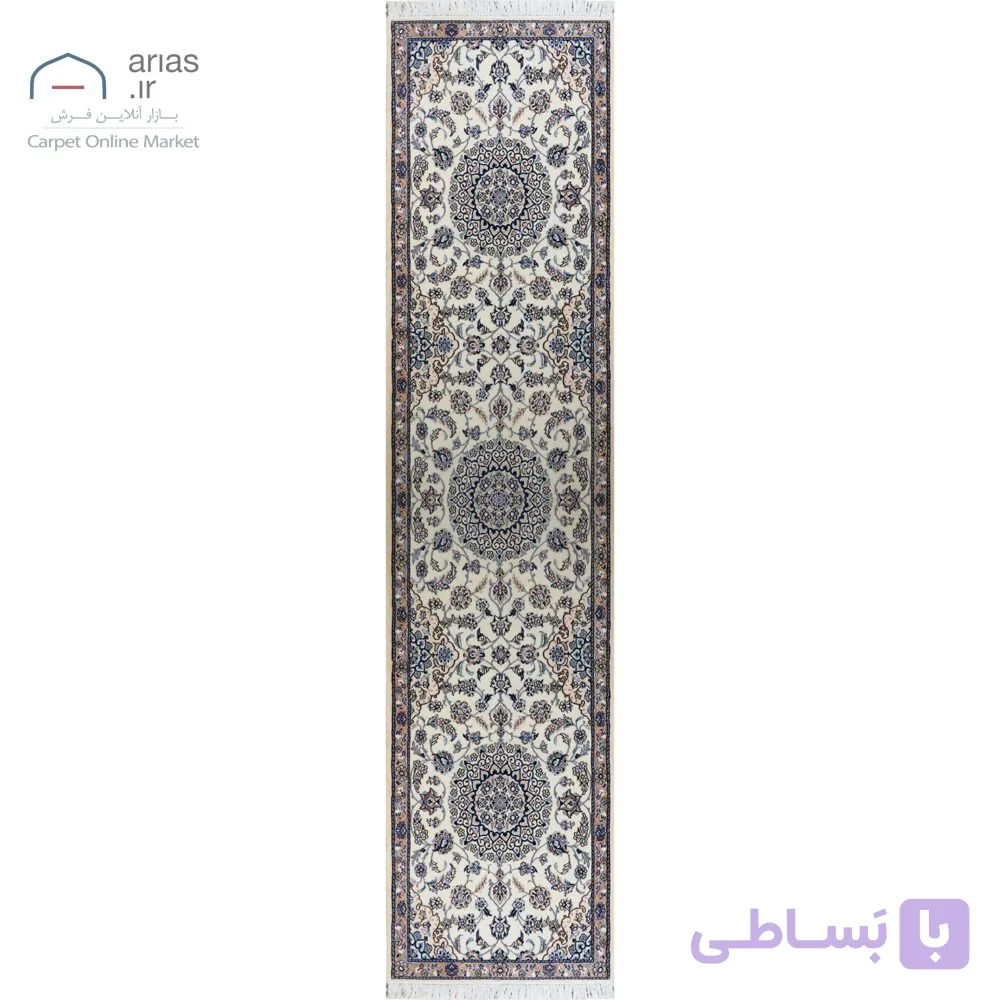 فرش دستباف نایین کناره سایز (۸۵ × ۳۵۰ سانتیمتر) کرم نقشه سه ترنج ۹ لا گل ابریشم کد D28166