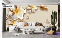 پوستر دیواری گل سه بعدی گل‌های سفید طلایی و پروانه لوکس FL0314