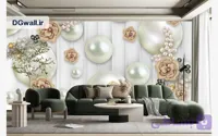 پوستر دیواری گل سه بعدی طرح مرواریدهای لوکس و گلهای طلایی نگین دار FL0308