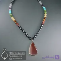 گردنبند هفت سنگ چاکرا + حدید با مدال آویز عقیق طبیعی جواهرلوکس _ کد 401076