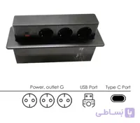 پریز برق لیفت آپ مستطیلی رنگ مشکی مدل ELEA سه سوکت برق و یک پورت USB یک پورت تایپ C  فانتونی کد N319