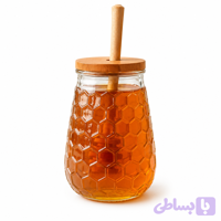 ظرف عسل شیشه ایی طرح کندو با درب چوبی و قاشق چوبی