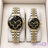 ست ساعت مردانه زنانه سیکو seiko vip بند استیل نقره ای طلایی صفحه مشکی