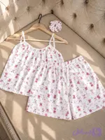 ست تاپ و شورتک زنانه نخی سه تکه گل‌دار | لباس راحتی و خواب زنانه