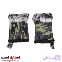 دستکش زنانه نیم انگشتی خزدار چریکی رنگ یشمی