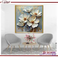تابلو گل سه بعدی دکوراتیو با گل‌های برجسته سفید S419151