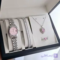 ساعت مچی دخترانه رولکس صورتی با دستبند و گردنبند  انگشتر