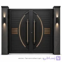 درب حیاط آهنی ترکیب چوب و فلزی سایز 220*300 با رنگ مشکی – کد 30528