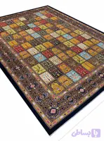 فرش ابریشم خشتی طرح فرا رنگ آبی کاربنی و سرمه ای کد Q503