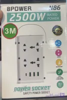 چندراهی برق مدل N86 با 8 پریز یونیورسال + 4 پورت USB (USB-C و USB-A) | توان 2500 وات | مناسب برای خانه و محل کار