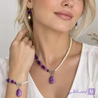 نیم‌ست آمیتیست و مروارید با آویز سنگ طبیعی و قفل تی سیلور