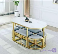 میز ناهارخوری مدرن با چهار صندلی جمع‌شونده – طراحی طلایی و سفید