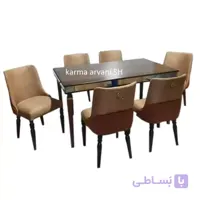میز و صندلی ناهار خوری 6 نفره چوبی دورا لمسه کرم یاسی 155*90*77 برند صنعت چوب کارما