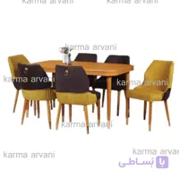میز و صندلی ناهار خوری 6 نفره چوبی رافائل زرد و مشکی  پشت صندلی شیاری 155*90*77 برند صنعت چوب کارما