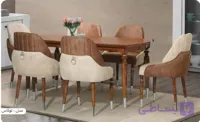 میز و صندلی ناهار خوری 6 نفره چوبی کلاسیک فلامینگو کرم روشن پایه مخروطی 155*90*77 برند صنعت چوب کارما