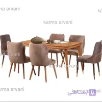 میز و صندلی ناهار خوری 6  نفره چوبی مارال شتری پشت صندلی لمسه جلو صندلی شیاری 155در90در77برند صنعت چوب کارما