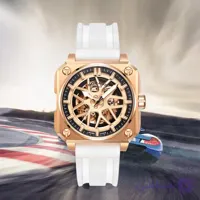 ساعت مچی مردانه TEINTOP مدل Skeleton Square اتوماتیک مکانیکی با توپی چرخدار، طلای رزگلد، ساعت مچی بند سفید