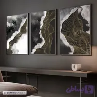چاپ تابلو دکوراتیو 3تکه طرح ابسترک مشکی ابی طلایی سفید
