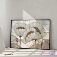 چاپ تابلو بوم دکوراتیو افقی با طرح پس زمینه آبسترکت و گل های گرافیکی سفید و غنچه