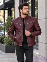 کاپشن چرم مردانه گاوی مدل پدرو رنگ زرشکی