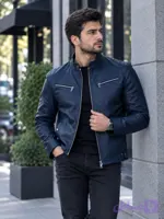 کاپشن مردانه چرم گاوی مدل پدرو رنگ سرمه ای