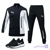 ست سوییشرت شلوار مردانه مشکی مدل MotorSport کفش ورزشی مردانه Nike مدل Tigo زیره سفید