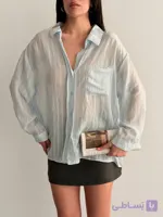 شومیز تک‌جیب زنانه آبی روشن پارچه خنک تابستانی، فری‌سایز تا ۴۶