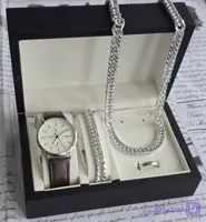 ست ساعت مردانه ست کادویی پسرانه ساعت بند چرم و دستبند و گردنبند کارتیر و انگشتر و ارسال رایگان