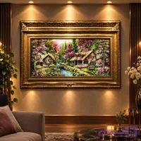 تابلو فرش دستبافت طبیعت طرح دو کلبه بهاری چله نخ رج 40 گل برجسته و ابریشم شده 95 در 50