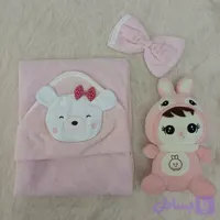 حوله خشک کن کلاهدار نوزادی دخترانه طرح خرس پاپیون رنگ صورتی همراه لیف مارک Lovi baby