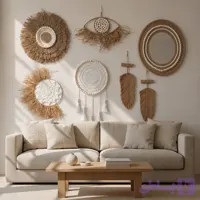 ست ۷ تکه دیوارکوب/آیینه بوهو قطر آینه ۴۰ قطر دیوارکوب کنفی ۴۰ قطر دیوارکوب بافت دور مهره۴۰ قطر دیوارکوب بافت و رافیا ۳۰ طول چشم مهره دار و رافیا ۵۰ ارتفاع برگ مکرمه ۵۰