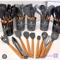 سرویس کفگیر ملاقه سیلیکونی نسوز 12 پارچه مدل دسته بامبو