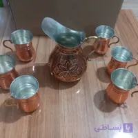پارچ الماس تراش و شش عدد لیوان تمام مسی زنجان رنگ ثابت